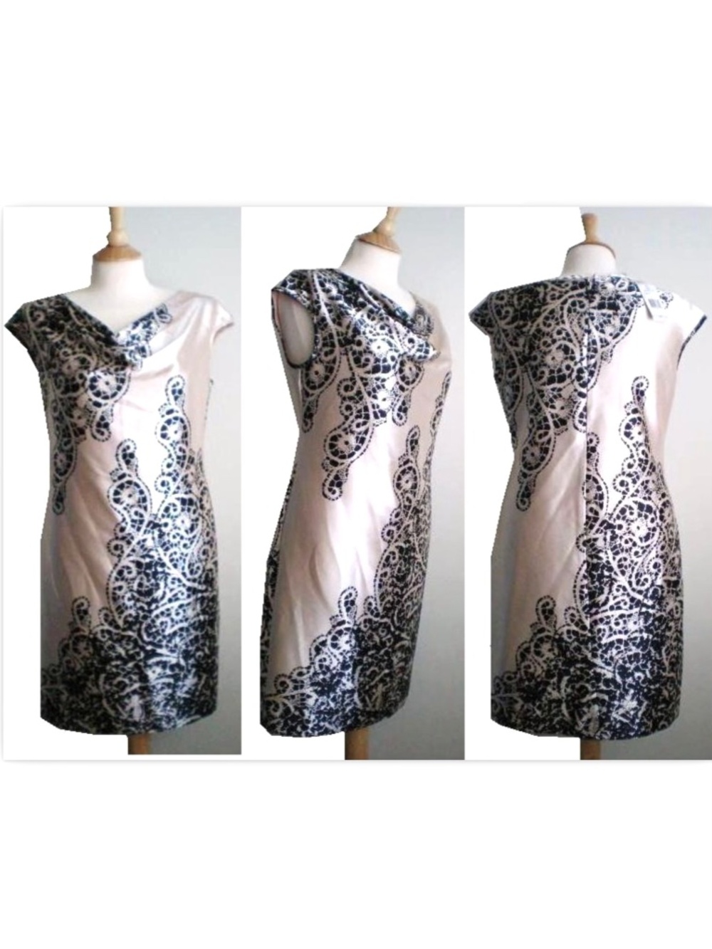 $140 EVAN PICONE champagne ivory satin black lace cocktail evening dress 6 NWT - Picture 2 of 8
